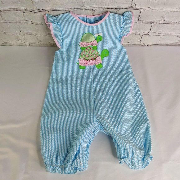 'PETIT AMI' SEERSUCKER PINSTRIPE ANGEL~SLEEVE 'TURTLE LOVE' BUBBLE STYLE OUTFIT - Picture 16 of 16